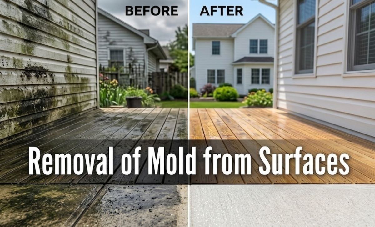 An image titled "Removal of Mold from Surfaces" featuring a dramatic before-and-after comparison of a wooden deck and house siding. Left Side (Before): Shows the deck and white vinyl siding heavily covered in dark green and black mold and mildew. The wood appears weathered and gray. Right Side (After): Shows the same area after cleaning. A hand in a blue and yellow glove uses a yellow pressure washer wand to spray the surface, revealing clean white siding and bright, natural-toned wood. Using a specialized mold-killing detergent in your pressure washer is the best way to ensure those spores don't return quickly.