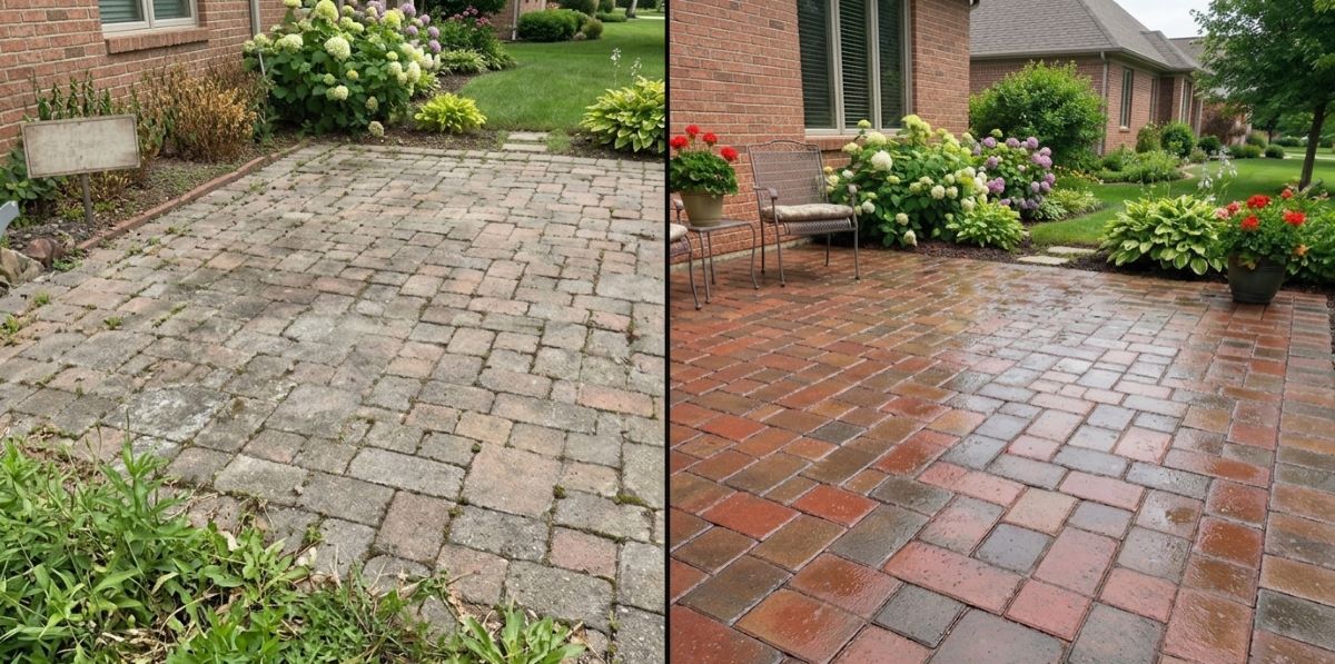 A side-by-side comparison of a flower bed located next to a light-colored brick wall.