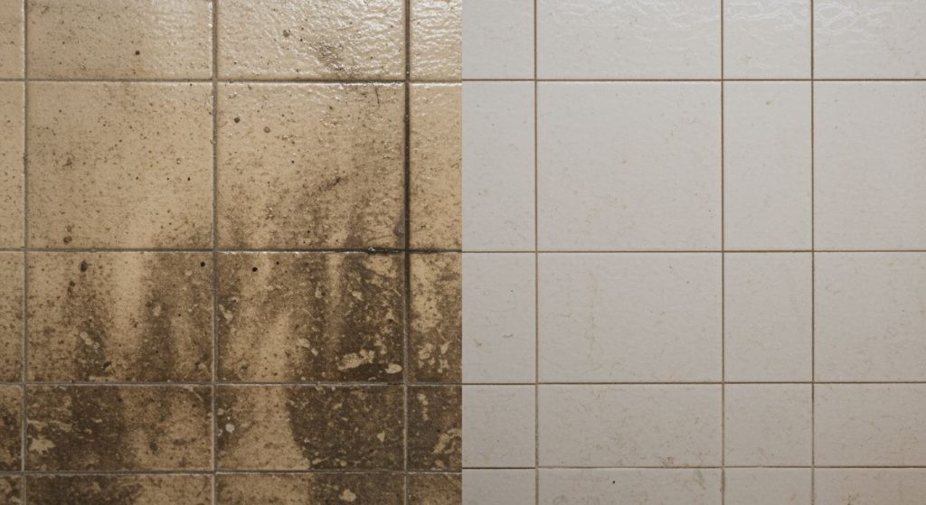 Before and after view of bathroom grout showing restored color and cleanliness. 