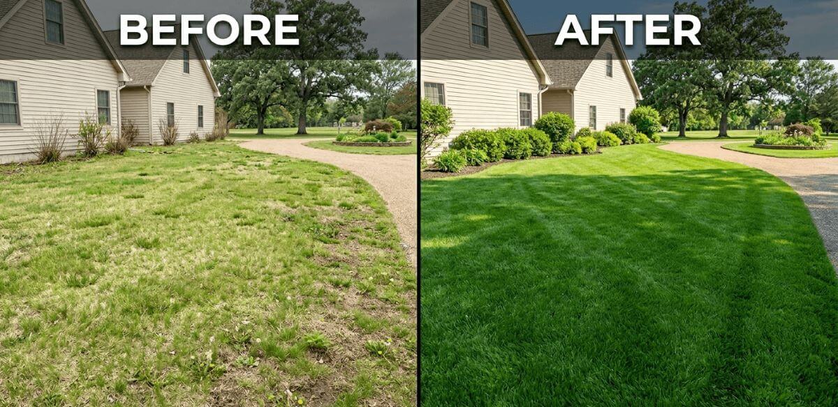 Before and after comparison of a patchy lawn transformed into a lush green yard using PetraTools HD5000 sprayer.
