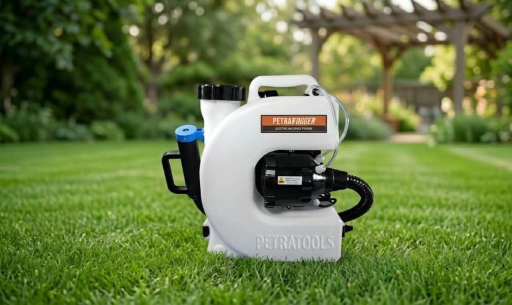 PetraTools white electric backpack ULV fogger placed on a green manicured lawn, demonstrating its portable design for outdoor mosquito control and garden pest management.