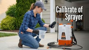 A photograph of a woman in a blue plaid shirt, jeans, and a grey baseball cap kneeling on a concrete driveway. She is holding a measuring pitcher containing clear liquid in one hand and a smartphone—displaying a timer—in the other, appearing to time a flow rate. Next to her is a large blue and grey backpack sprayer. A measuring tape is stretched out on the ground in front of her. The background shows the side of a house with a garage and green shrubs. Large, white, bold text on the right side of the image reads: Calibrate of Sprayer.