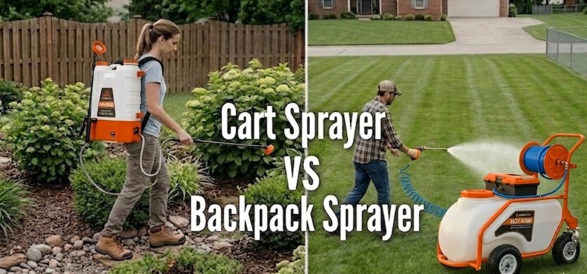 A side-by-side comparison image divided by a vertical line, showcasing two different types of garden sprayers in use. Left Panel: A woman is walking through a garden bed, wearing a white Backpack Sprayer. She is using a hand wand to precisely spray green shrubs. The area features mulch, decorative rocks, and a wooden fence. Right Panel: A man is on a large, striped green lawn, pushing a white Cart Sprayer (or tow-behind sprayer). The cart has a large horizontal tank and a wide spray boom that covers a much broader path of grass at once. Large, white, bold text centered across the middle of the image reads: Cart Sprayer VS Backpack Sprayer.