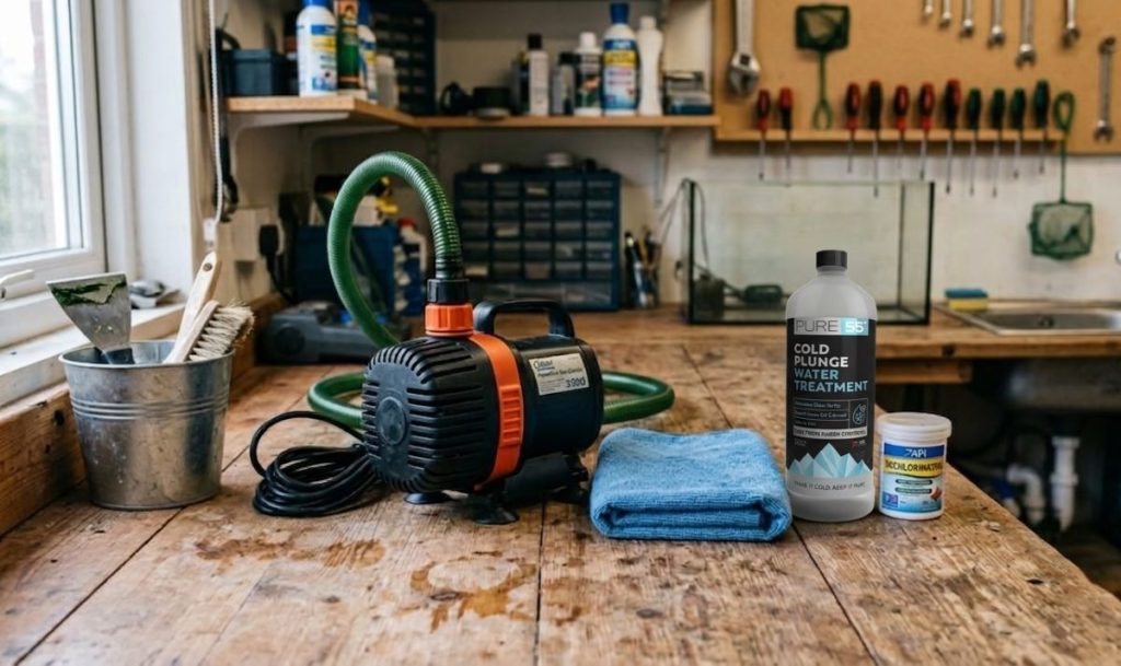 Cold plunge maintenance supplies used to keep plunge water clean and clear.