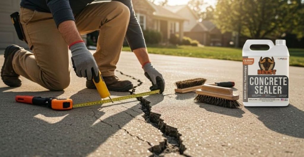 A person kneeling on a driveway, using a yellow tape measure to check the width of a large concrete crack next to wire brushes.