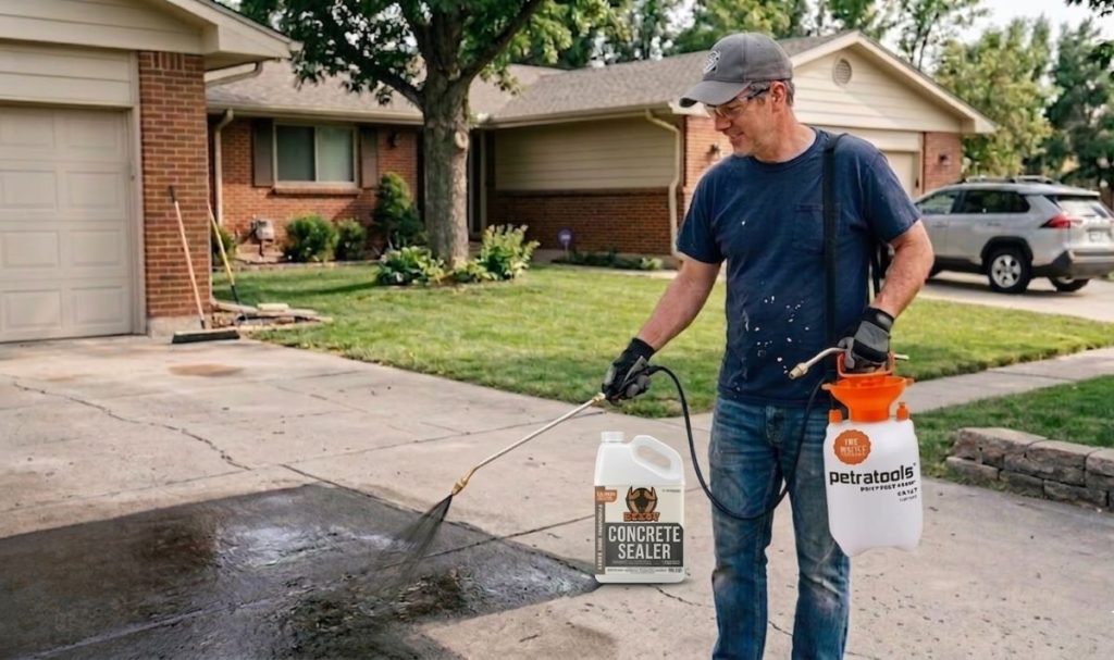 Homeowner applying liquid concrete sealer with a sprayer.