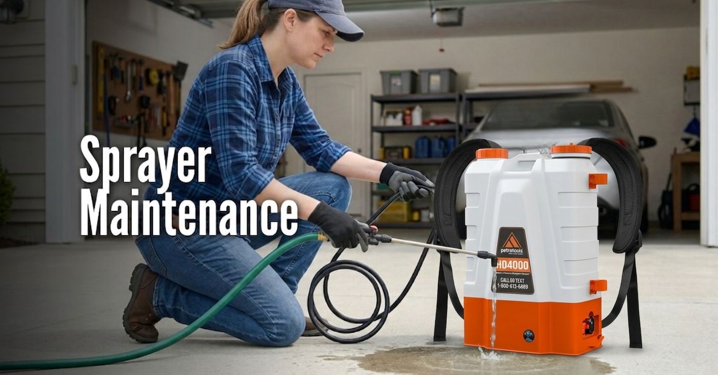 An image titled "Sprayer Maintenance" featuring a woman in a garage kneeling next to a blue and gray backpack sprayer. She is wearing a blue plaid shirt, jeans, a baseball cap, and black work gloves. She is using a green garden hose to flush out the sprayer's tank, with water seen draining from an opening in the side of the unit. The background shows a typical garage setting with tools, shelving, and a parked car.