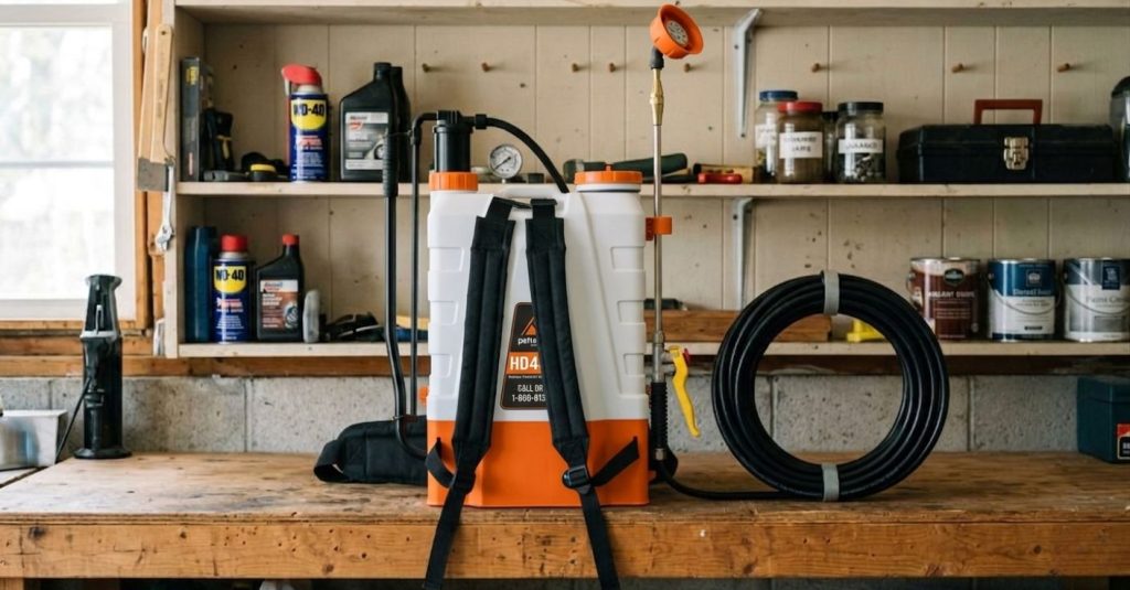 Clean sprayer stored upright in a garage to protect components during winter storage.
