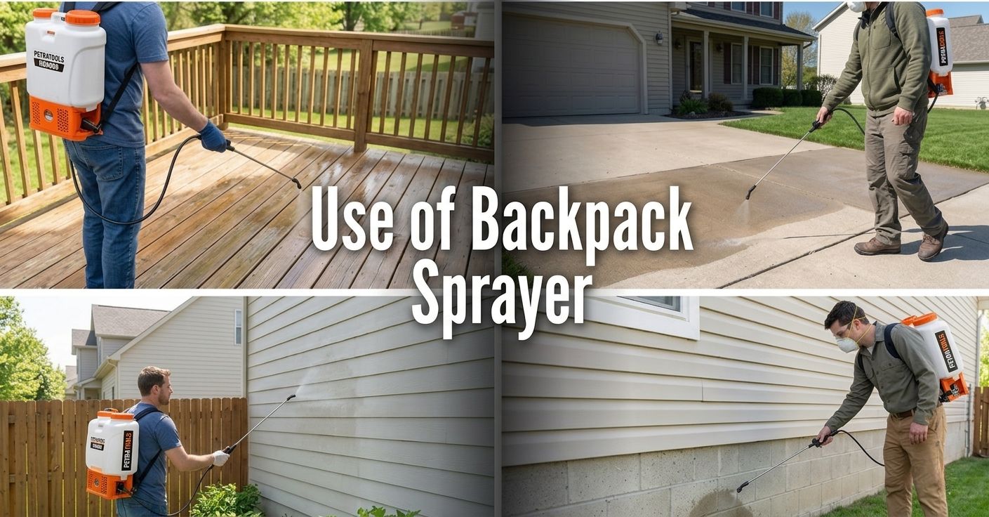 A four-image collage showcasing uses of a backpack sprayer. In clockwise order from the top left, the images depict: a man spraying a wooden deck, a man spraying a concrete driveway, a man in a mask spraying the foundation of a house, and a man spraying the side of a house. "Use of Backpack Sprayer" is printed across the middle in white text.