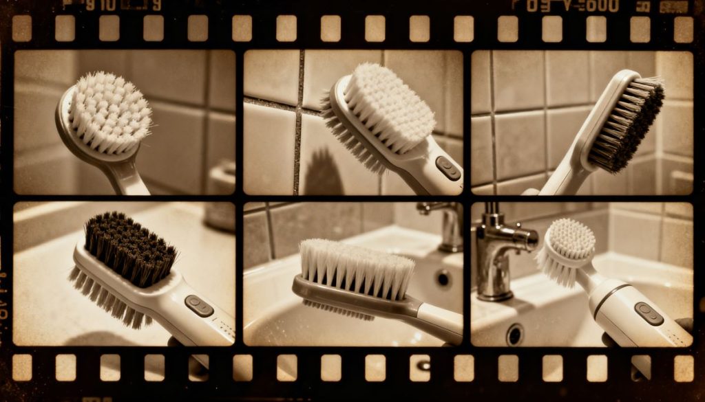A collage of various handheld grout brushes being used to clean bathroom tiles and sink fixtures in a film-strip style layout.