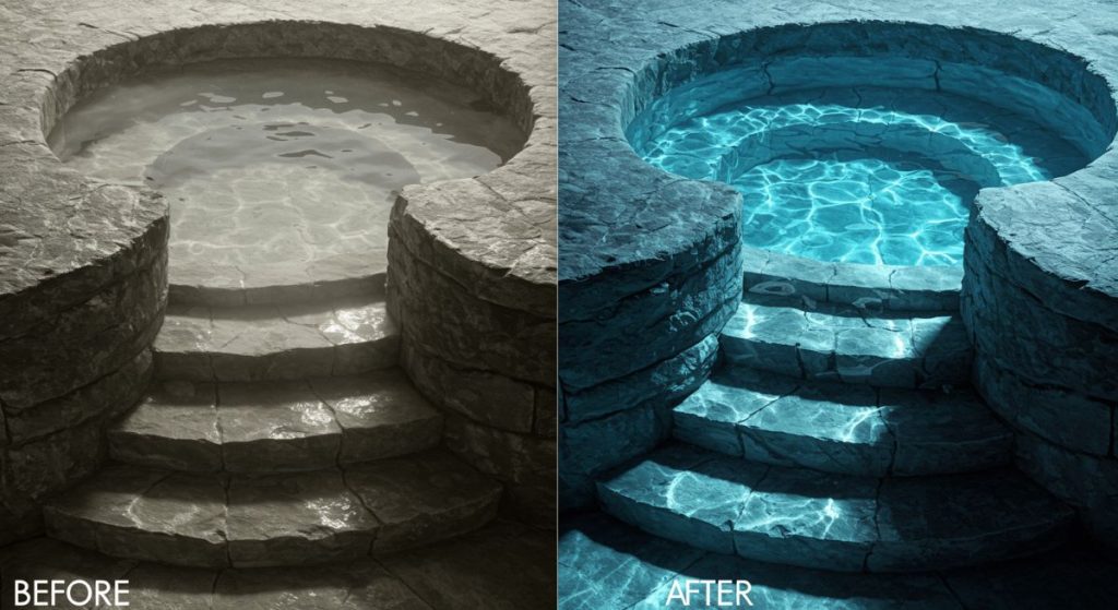 Before and after comparison of cloudy water versus crystal clear water in a stone-step hot tub using a water clarifier.