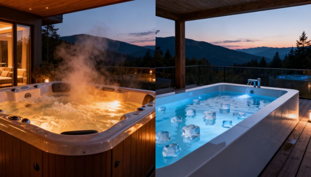 Contrast therapy setup featuring a outdoor hot tub and an ice-filled cold plunge tub at dusk.