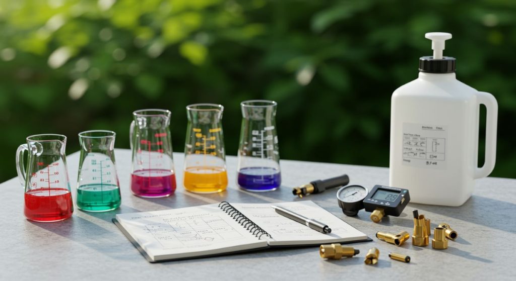 Measuring cups with colored liquids, a notebook, and calibration tools for lawn sprayer testing and adjustment.