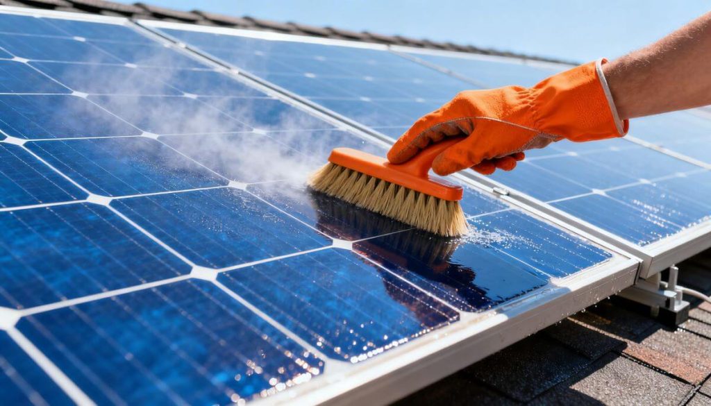 A person using a soft-bristle brush to clean solar panels on a roof, demonstrating proper maintenance techniques.