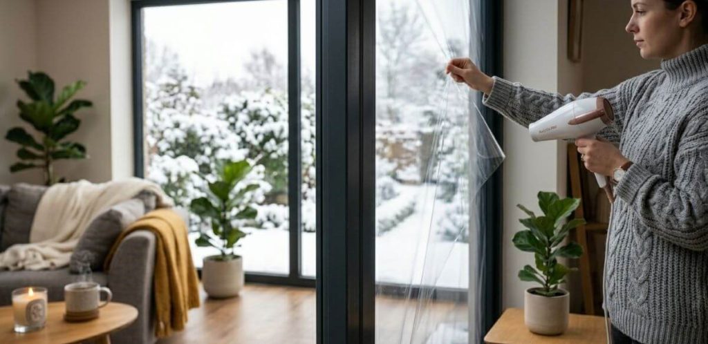 A person using a hairdryer to apply transparent insulation film to a large glass window in a modern living room to prevent drafts.