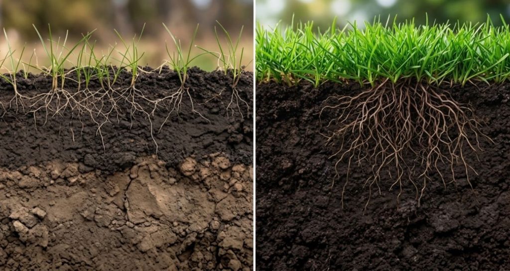 Deep lawn root growth supported by improved soil conditions