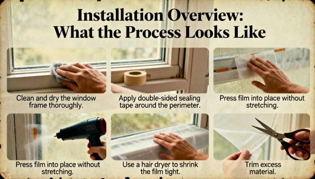 A 6-step visual guide showing how to install window insulation film: cleaning the frame, applying tape, pressing film, using a hairdryer to shrink it, and trimming excess.