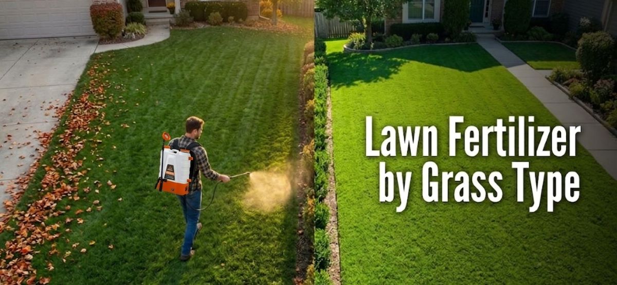An image titled "Lawn Fertilizer by Grass Type" showing a side-by-side comparison of two different lawn environments. Left Side: A man is using a backpack sprayer to apply liquid fertilizer to a large, striped lawn. The grass is a deep, cool-season green, and scattered autumn leaves are visible on the nearby driveway and lawn edge. Right Side: A vibrant, uniformly bright green lawn is shown in full sunlight, bordering a concrete walkway and landscaped garden beds. The texture appears denser, characteristic of warm-season grasses.