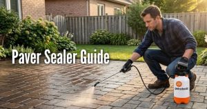 A side-by-side comparison of a stone paver patio. Left Side: Shows the pavers in a natural, matte state with light grey and tan tones. Right Side: Shows the pavers with a "wet look" finish, appearing much darker and more saturated with deep browns and charcoal greys. Large, white, bold text in the center of the image reads: Paver Sealer Guide. The background features a blurred outdoor setting with green foliage and a glimpse of a house.