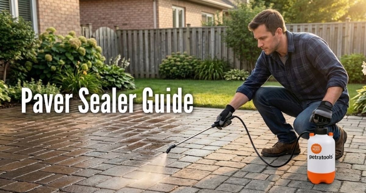 A side-by-side comparison of a stone paver patio. Left Side: Shows the pavers in a natural, matte state with light grey and tan tones. Right Side: Shows the pavers with a "wet look" finish, appearing much darker and more saturated with deep browns and charcoal greys. Large, white, bold text in the center of the image reads: Paver Sealer Guide. The background features a blurred outdoor setting with green foliage and a glimpse of a house.