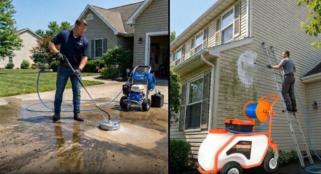 A comparison of pressure washing concrete with a surface cleaner and soft washing house siding using a professional PetraTools HD14000 spray cart.
