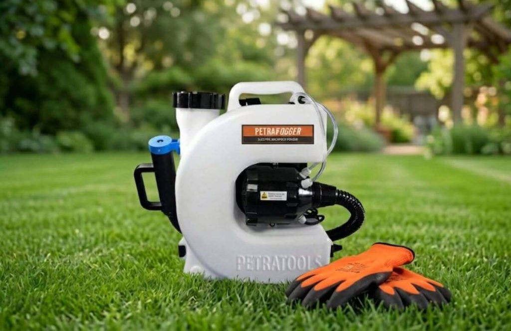 ULV fogger equipment and safety gear used for mosquito control treatments.