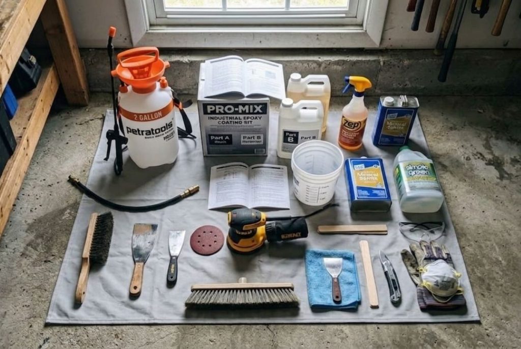 Essential tools for DIY epoxy garage floor projects, including kits and pump sprayers.