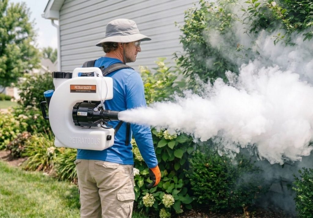 Professional ULV fogger for mosquito control being used in a backyard with dense foliage.