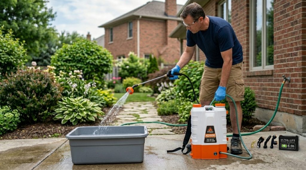 Rinsing a garden sprayer tank and flushing the wand with clean water after use to prevent buildup.