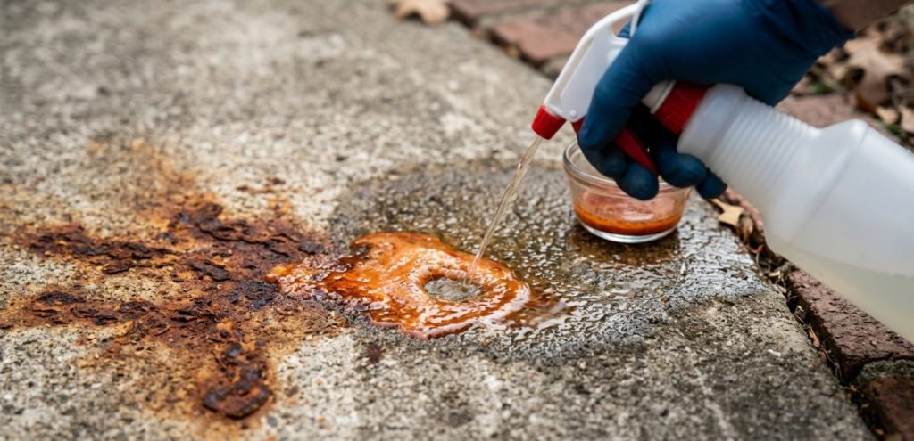 Applying rust stain remover to concrete with visible stain breakdown.