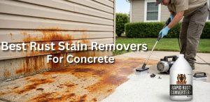 Professional worker removing heavy rust stains from concrete driveway and vinyl siding using Beest Rapid Rust Converter.