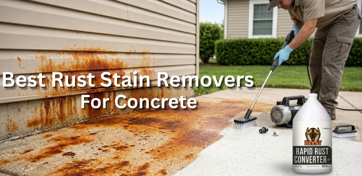 Professional worker removing heavy rust stains from concrete driveway and vinyl siding using Beest Rapid Rust Converter.