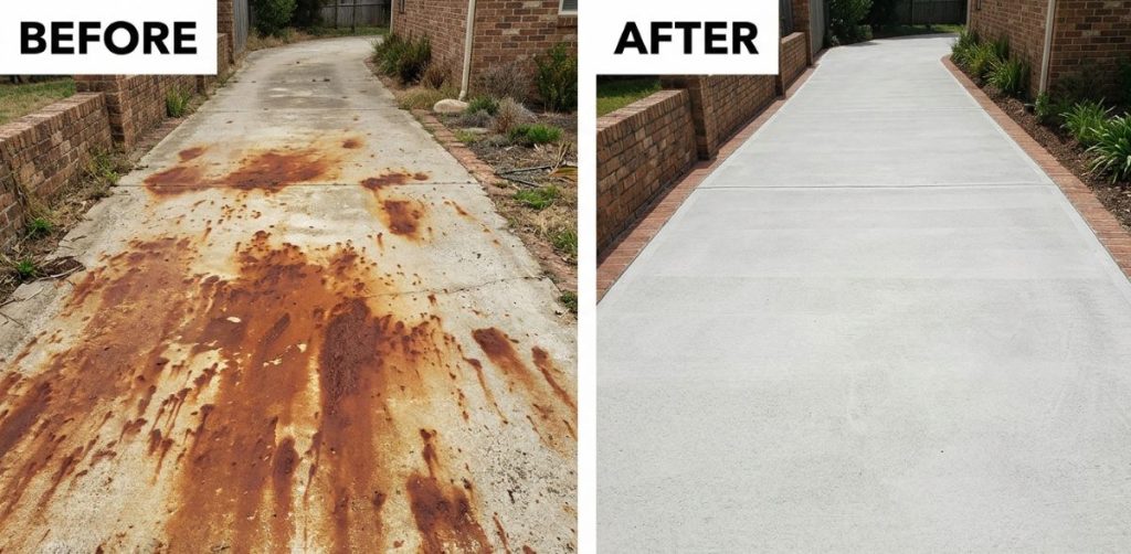 Concrete driveway before and after removing rust stains.