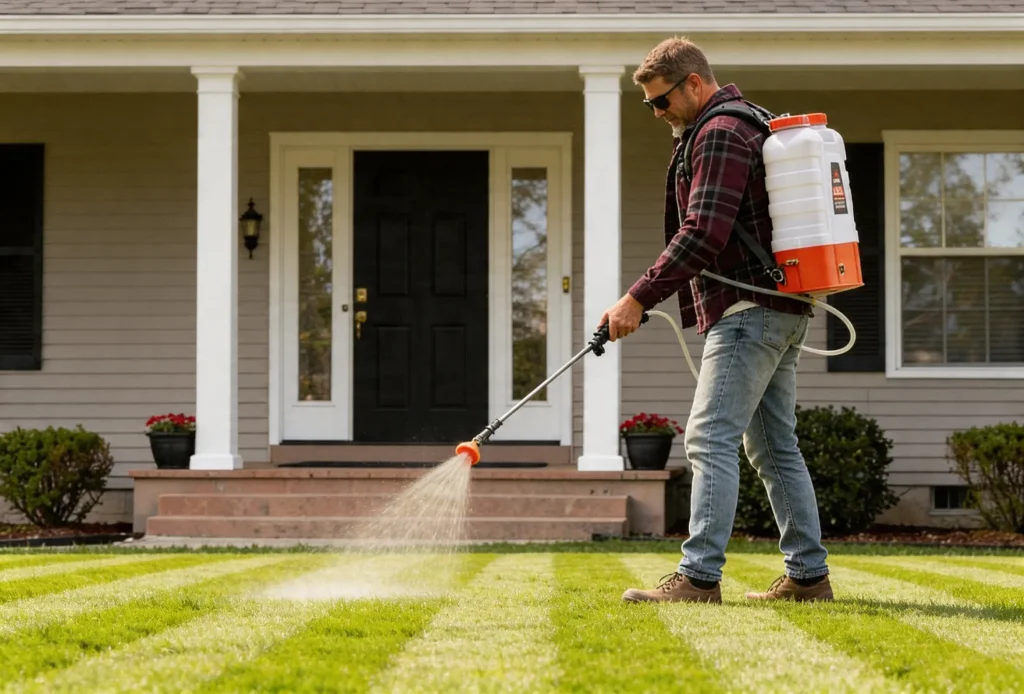 A man using a professional backpack sprayer to apply liquid treatment to a neatly striped green lawn in front of a house.