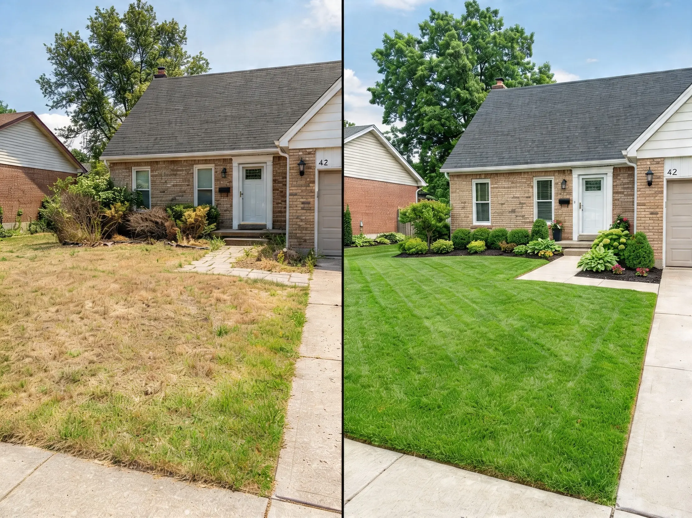 A side-by-side comparison of a front yard; the left side shows a dry, brown, and patchy lawn with overgrown bushes, while the right side shows a vibrant, lush green lawn with neatly manicured landscaping and bushes.
