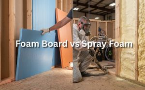 Side-by-side comparison of home insulation: a worker installing rigid foam board on the left and a professional applying spray foam insulation on the right.