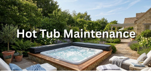 A crystal-clear, bubbling luxury hot tub built into a wooden deck in a beautifully landscaped relaxing backyard with lounge chairs.