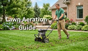 A professional man using a core lawn aerator machine on a large green backyard with a natural forest background.