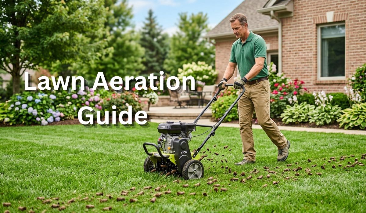 A professional man using a core lawn aerator machine on a large green backyard with a natural forest background.