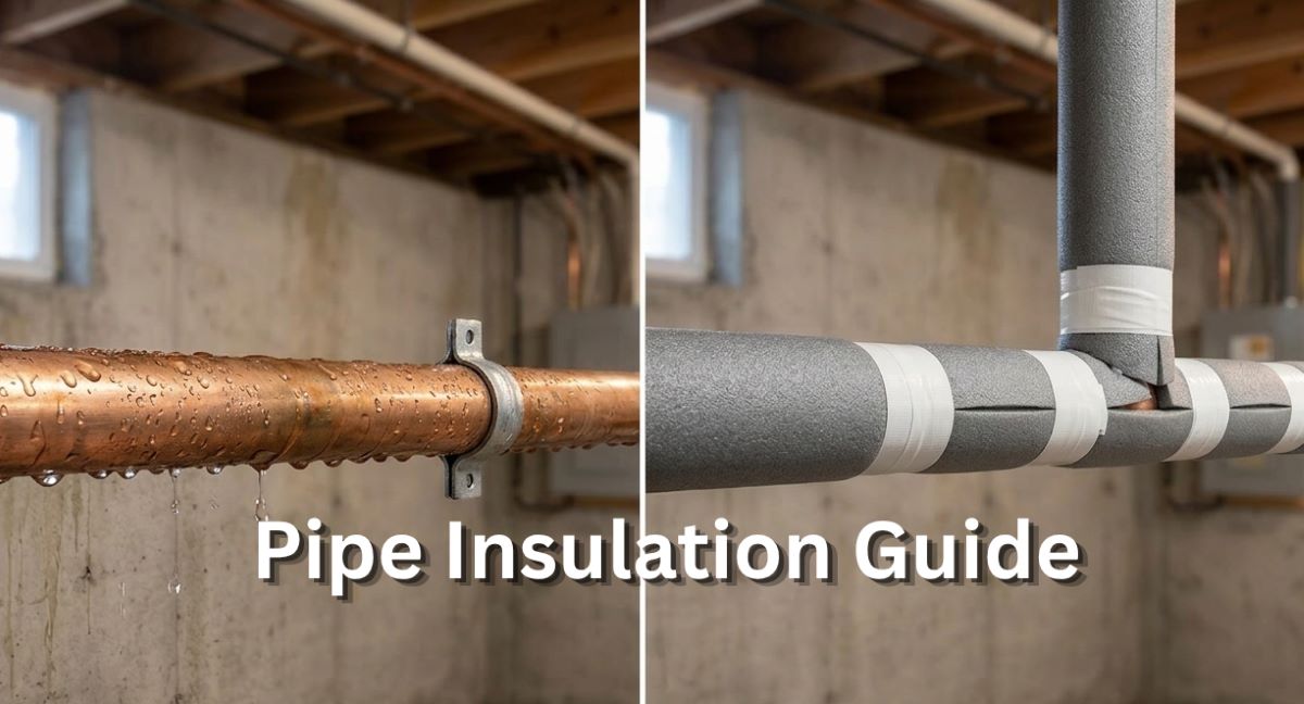 A side-by-side comparison in a basement showing a bare copper pipe with condensation droplets on the left and a pipe neatly wrapped in grey polyethylene foam insulation on the right.