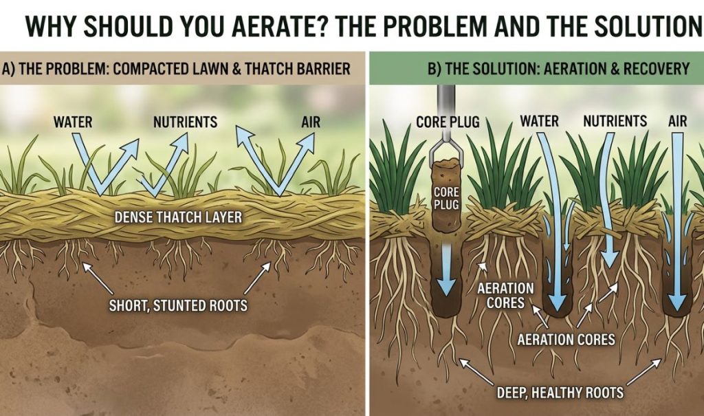Chart showing when to aerate lawn based on grass type and season.