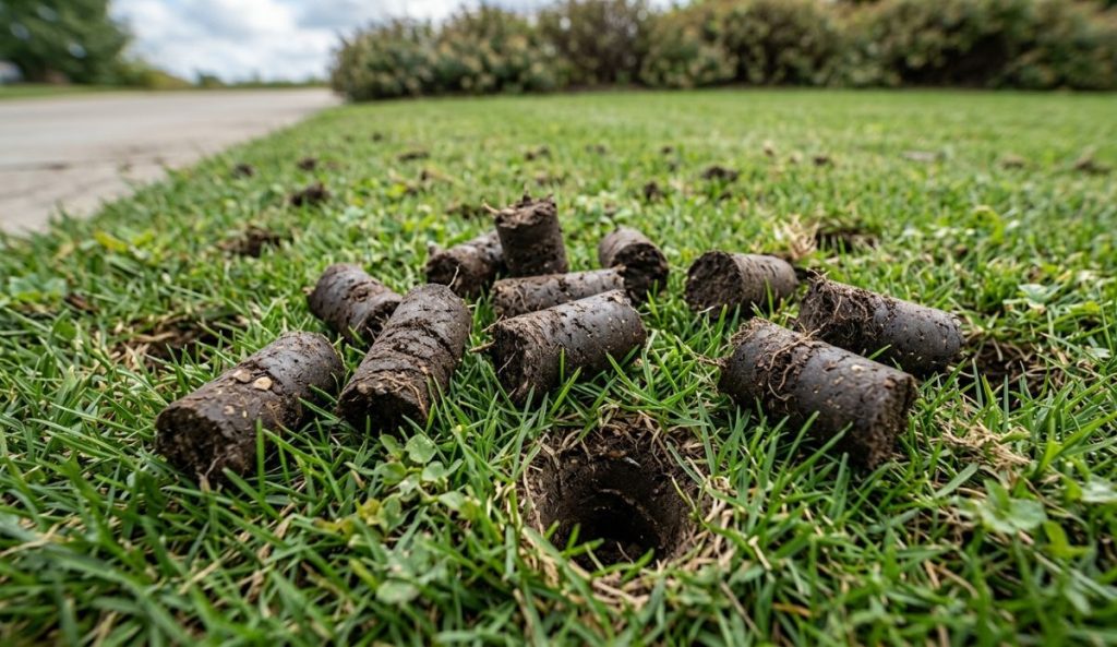 Close-up of cylindrical soil plugs on a green lawn after core aeration, showing deep holes for better nutrient absorption.