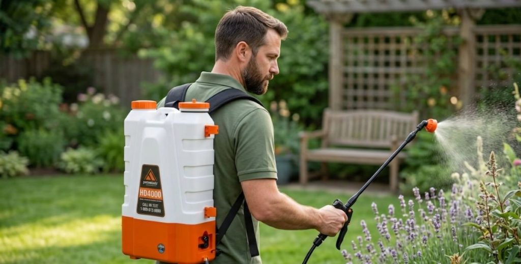 A man wearing a white and orange PetraTools HD4000 backpack sprayer while using the precision wand to spray plants in a garden, highlighting ergonomic straps and controlled application.