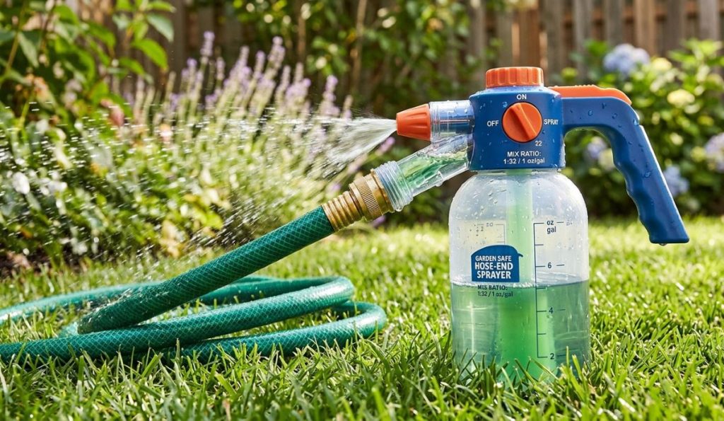 A close-up of a blue and orange hose-end sprayer attached to a green garden hose, demonstrating the Venturi effect by mixing liquid concentrate with water in a sunny backyard.