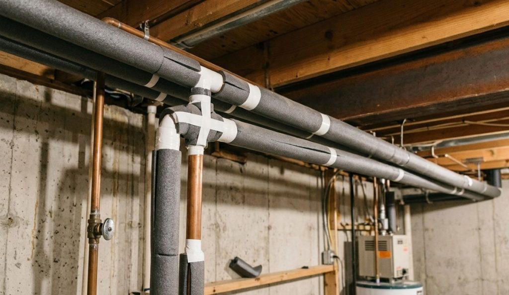 Grey polyethylene foam insulation sleeves wrapped around copper water pipes in a residential basement, secured with white adhesive tape to prevent heat loss and condensation.