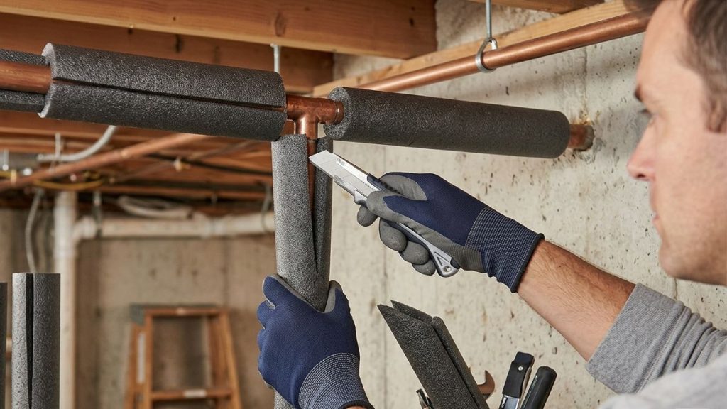 A close-up photograph in a basement shows a person, wearing work gloves, using a retractable utility knife to precisely cut a slit in a dark grey foam pipe insulation sleeve while installing it around a copper water pipe T-joint near the ceiling, with wooden joists in the background.