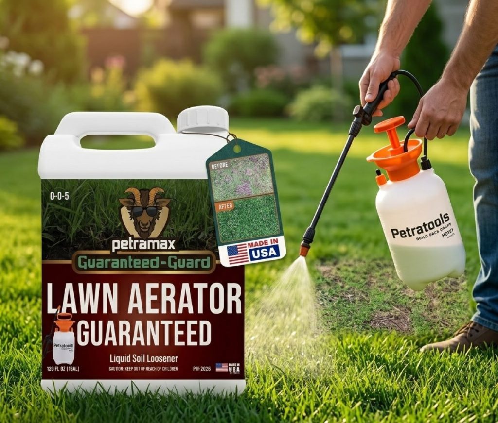 Petramax Liquid Lawn Aerator 1-gallon jug on a lush green lawn, featuring a 'Before and After' tag showing grass improvement and a Petratools sprayer being used in the background.